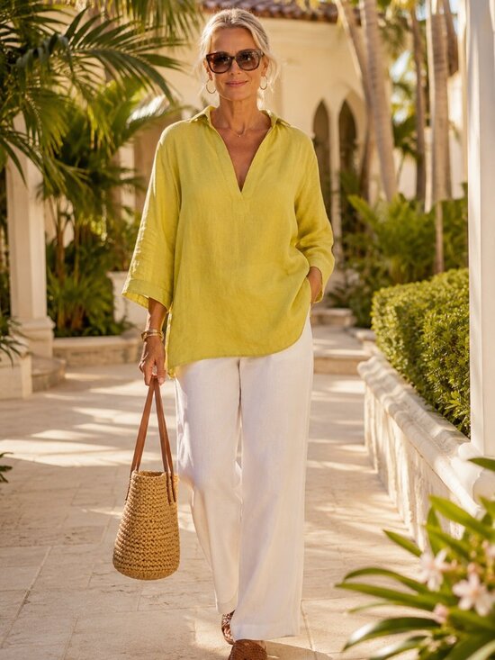 Tahari Tops - Tahari 100% Linen Mustard Yellow Popover Tunic Top XL Coastal Grandma